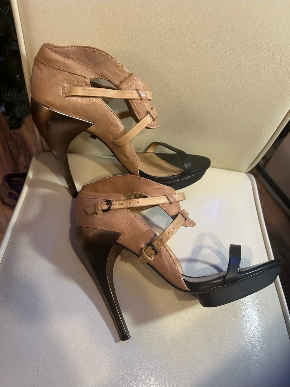 AllSaints Two-Tone Strappy High Heels in Tan&Black Leather w Metallic Rose Heel